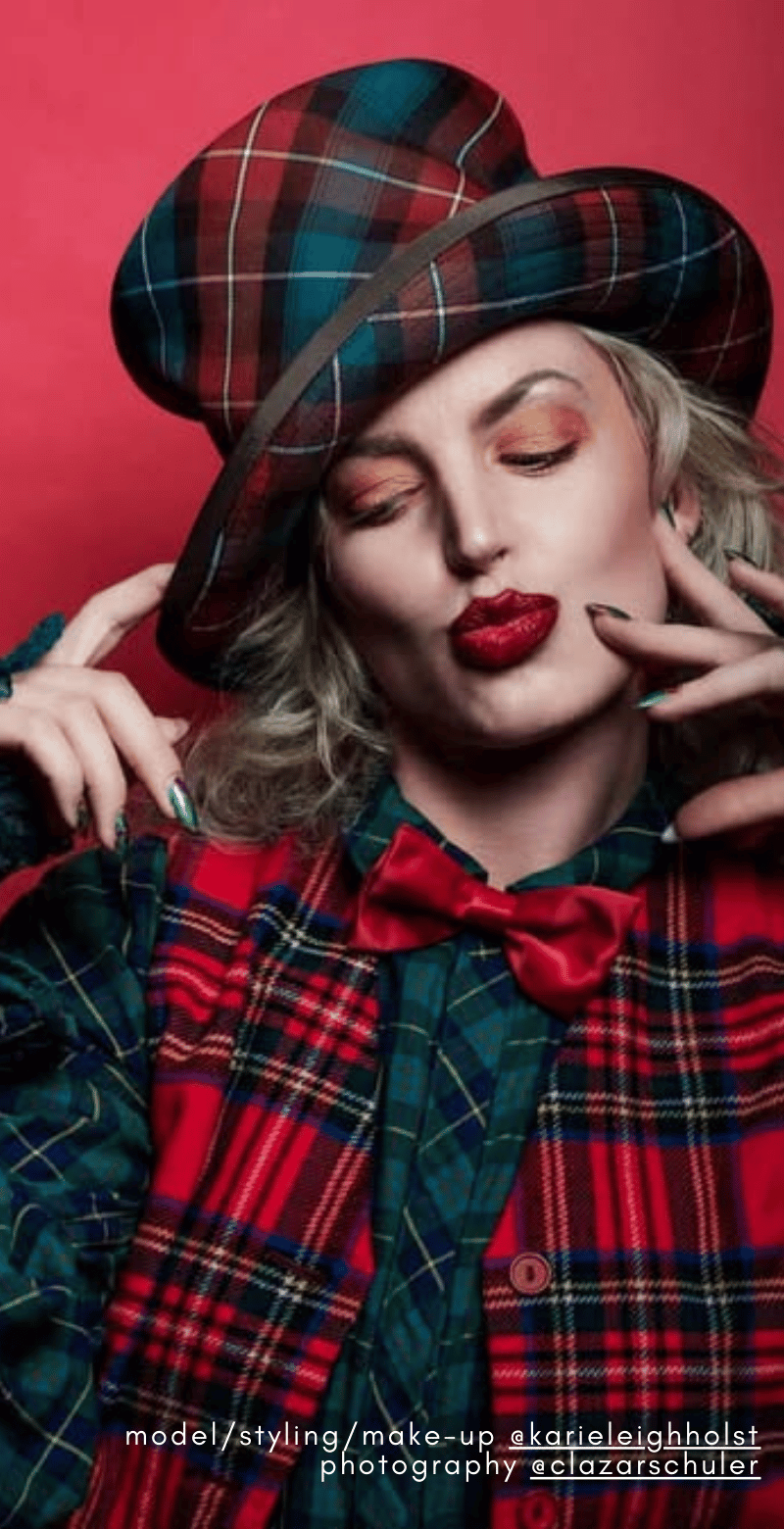 Beautiful woman wearing a Canadian Tartan Top Hat.