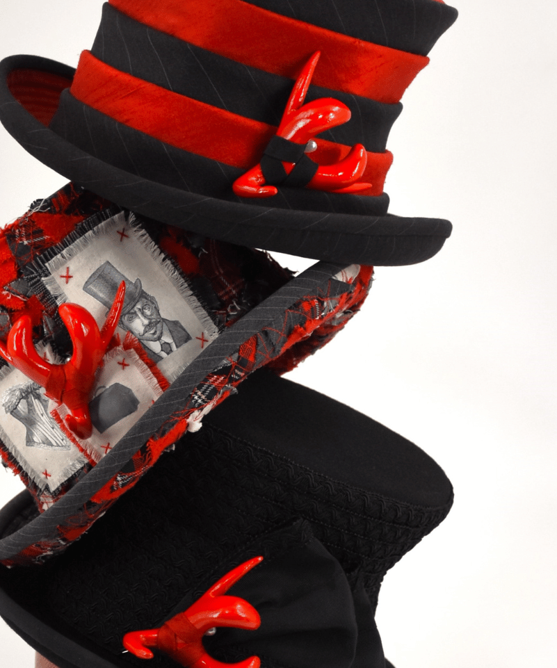 Stack of 3 red and black Top Hats.