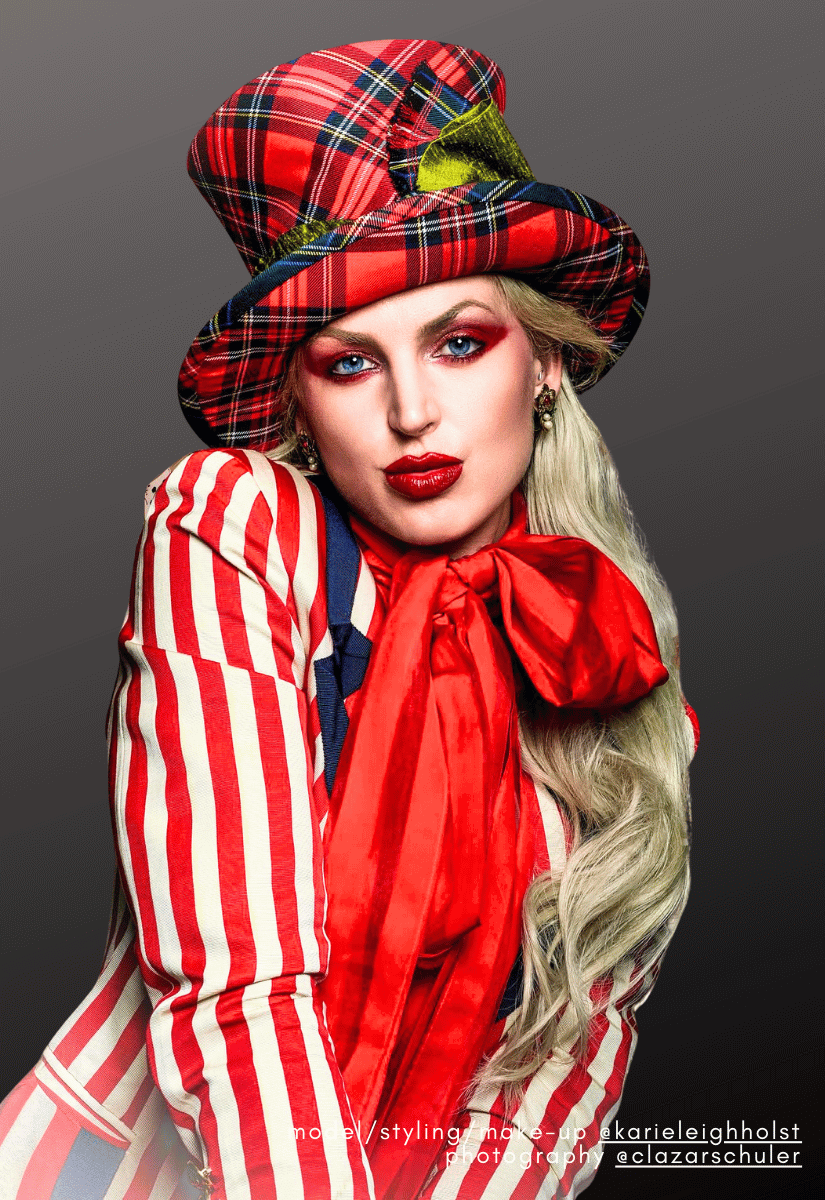 Red Tartan Top Hat worn by model.